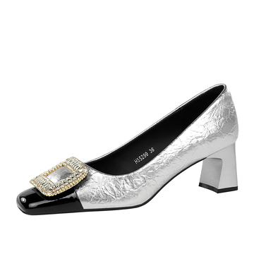 5299-K32 Korean Style Light Luxury Women's Shoes, Chunky and Mid-Heel, Pointed Toe with Crackle Texture Patchwork, Square Toe Design, Metal Rhinestone Buckle, Elegant Flats for Everyday Wear and Special Occasions