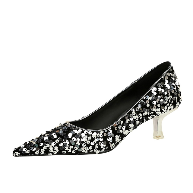 237-21 Korean New Style Fashion Temperament Banquet Shining Sequins Women's Mid-Heel Shallow Mouth Pointed Toe Sparkling Single Shoes