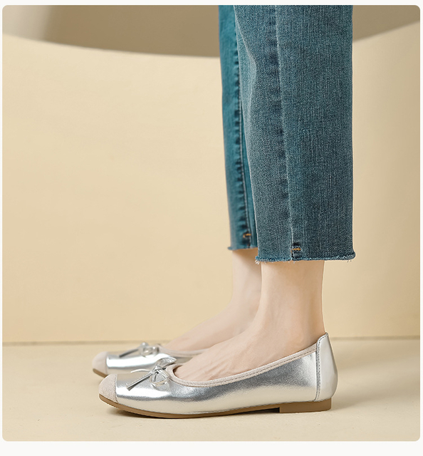 Silver Casual Flats for Women | Ballet Shoes with Soft Sole, Low Heel, and Bow Detail