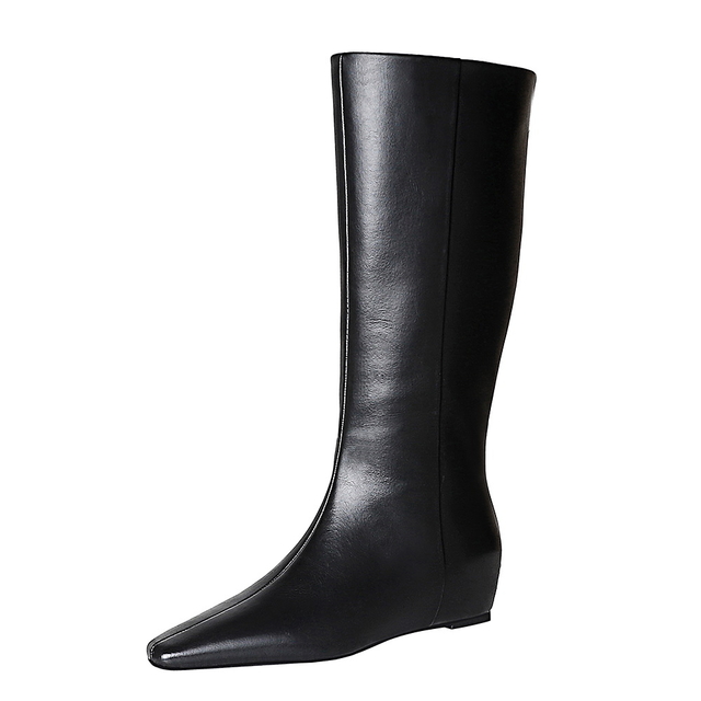 European and American Style Fashion Minimalist Versatile Winter Women’s Mid-Heel Wedge Knee-High Boots